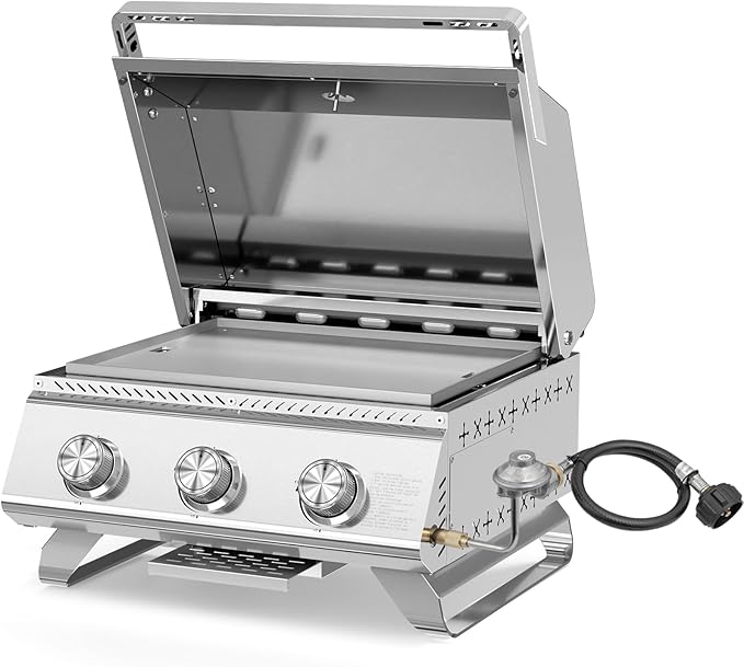 3-Burner 24,000 BTU Portable Flat Top Propane Gas Grill, Heavy-Duty Stainless Steel 2-in-1 Tabletop Grill and Griddle Combo