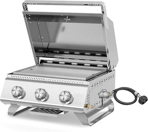 3-Burner 24,000 BTU Portable Flat Top Propane Gas Grill, Heavy-Duty Stainless Steel 2-in-1 Tabletop Grill and Griddle Combo