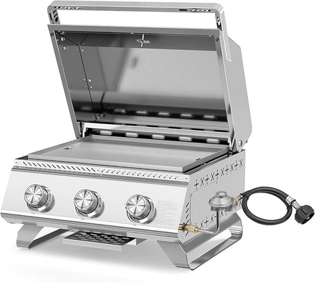 3-Burner 24,000 BTU Portable Flat Top Propane Gas Grill, Heavy-Duty Stainless Steel 2-in-1 Tabletop Grill and Griddle Combo