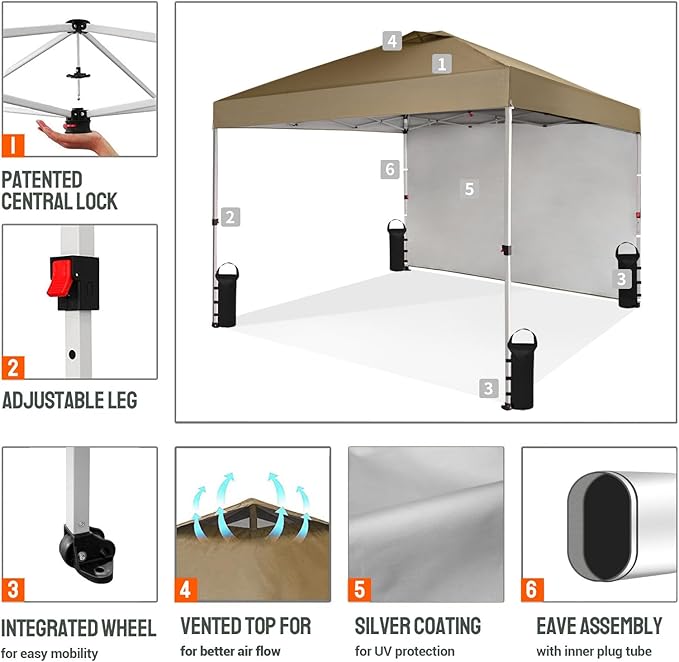 CROWN SHADES 10x10 Pop Up Canopy with 1 Side Wall - Beach Tent with One Push Setup - Outdoor Sun Shade for Events, Parties,