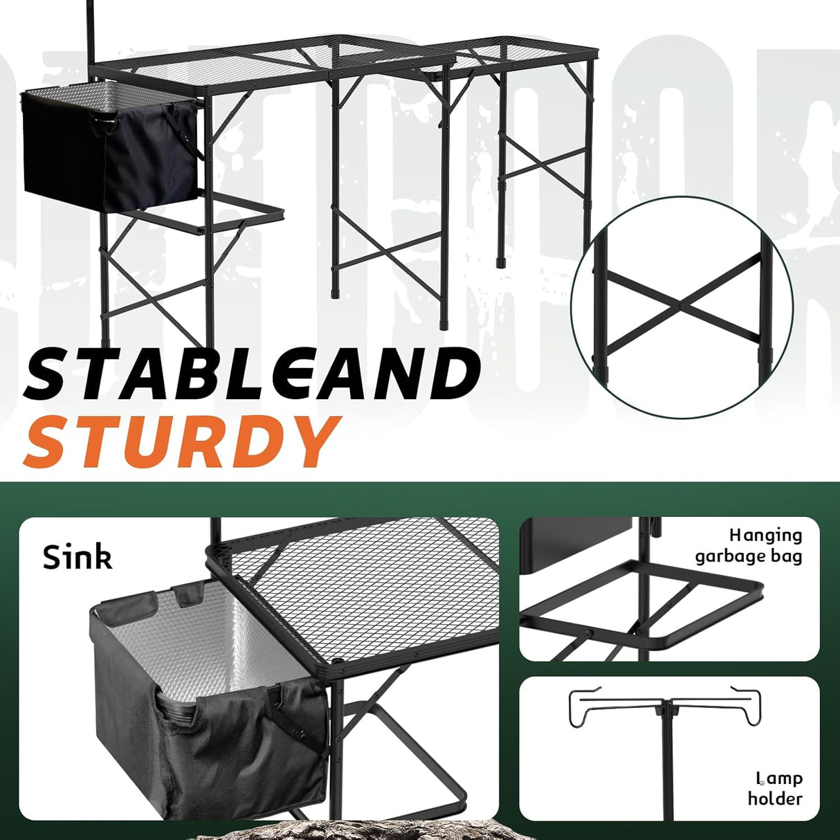Folding Table with Sink and Double Shelf, Camping Table Height Adjustable Folding Grill Table, Portable Outdoor Table for