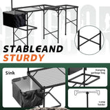 Folding Table with Sink and Double Shelf, Camping Table Height Adjustable Folding Grill Table, Portable Outdoor Table for