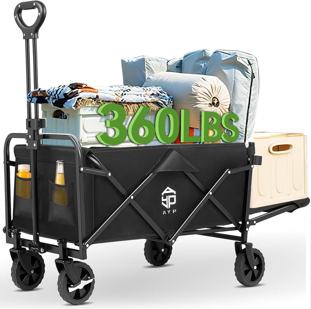 AYP Collapsible Wagon Cart Foldable with Wheels, Beach Wagon with Extended Tailgate & Brake, Heavy Duty Rolling Carts for