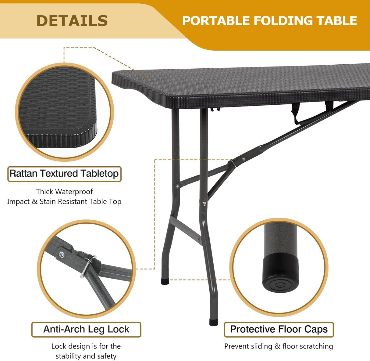 6FT Folding Table, Heavy Duty Plastic Table Portable Fold-in-Half Utility Table Indoor Outdoor Picnic Table w/Handle & Lock