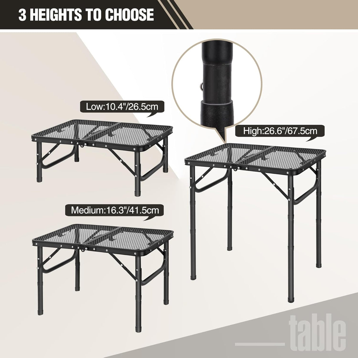 REDCAMP Small Folding Grill Table for Outside, 3 Heights Adjustable Lightweight Portable Metal Aluminum Outdoor Grill Table
