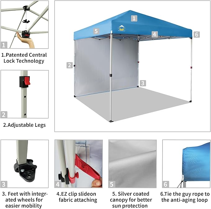 CROWN SHADES 8x8 Pop Up Canopy with 1 Side Wall - Beach Tent with One Push Setup - Outdoor Sun Shade for Events, Parties,
