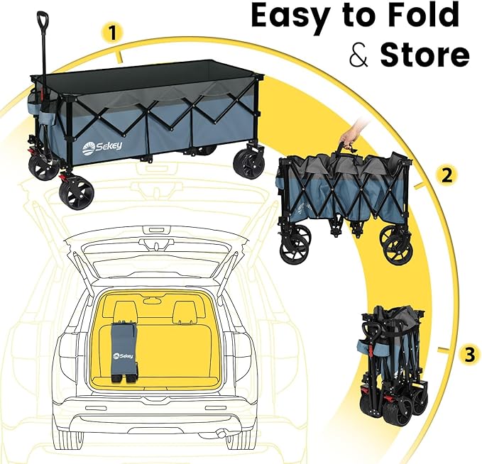 Sekey 48''L Collapsible Foldable Extended Wagon with 440lbs Weight Capacity, Heavy Duty 300L Folding Utility Garden Cart