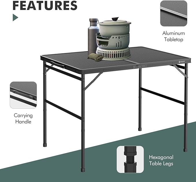 VILLEY Grill Table, 3ft Folding Camping Table with Aluminum Adjustable Legs, Portable Lightweight Camp Table for Beach