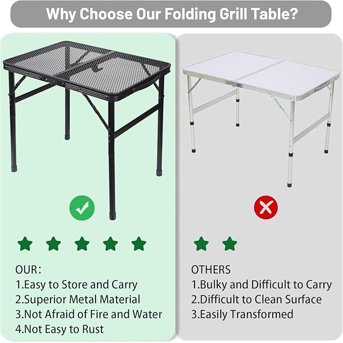 Folding Grill Table Metal Portable Camping Table with Mesh Desktop Lightweight & Foldable Height Adjustable Black Picnic