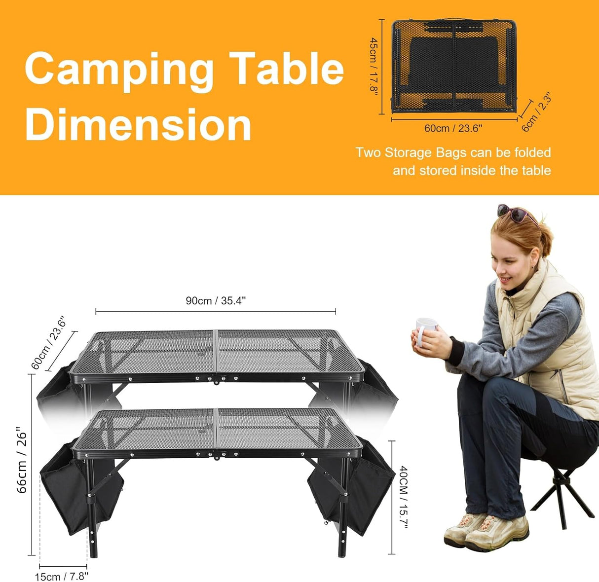 Camping Table 3FT Grill Table with 2×7/15L Storage Bag Foldable Folding Table Picnic Portable Stand Mesh 2 Height Adjustable