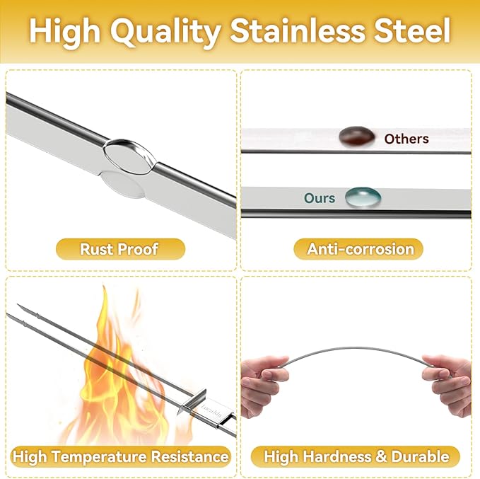 Skewers for Grilling, 17" (6 Pcs) Wooden Handle Double Pronged Stainless Steel Flat Kabob Skewers with Push Bar, Reusable