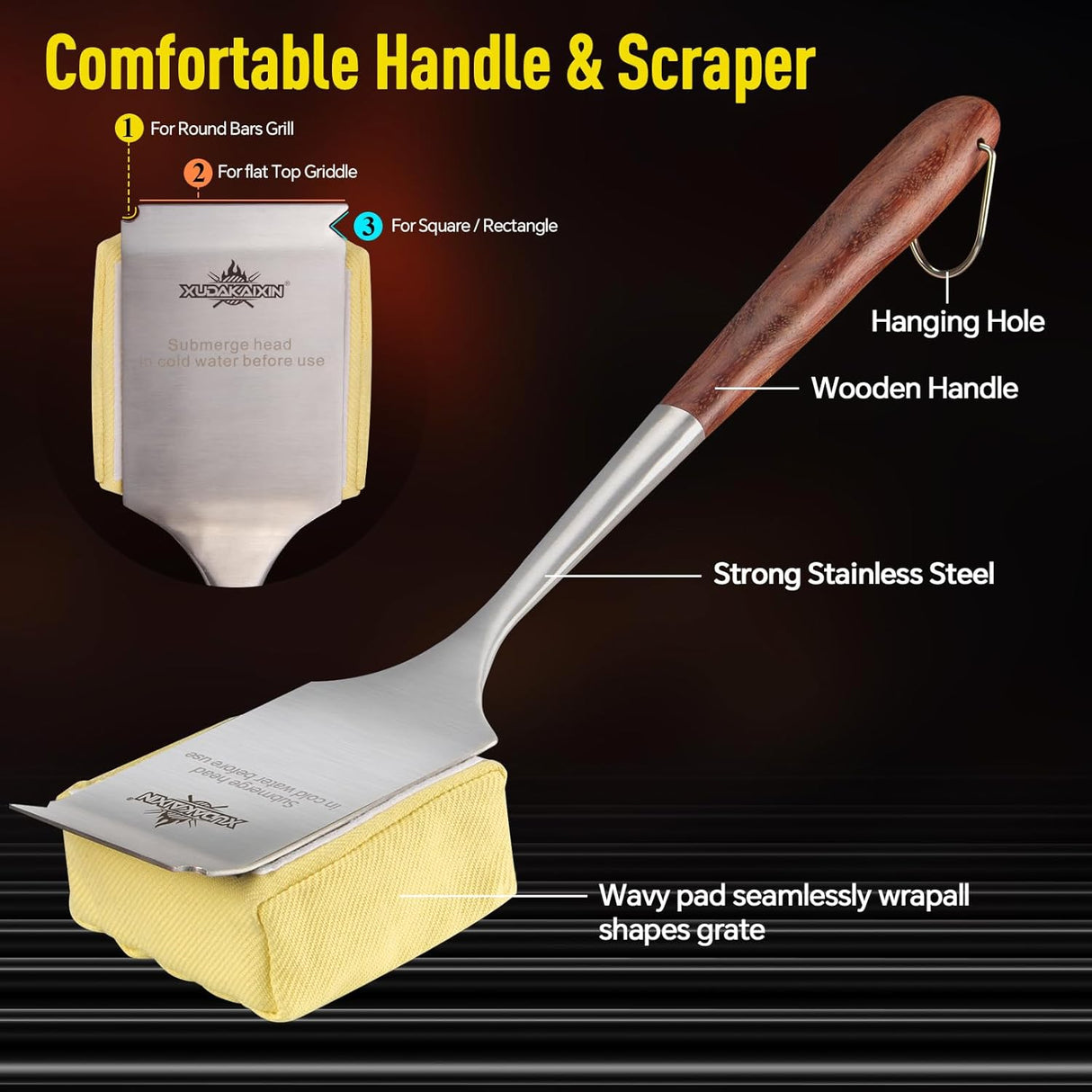 Bristle-Free Steam Grill Brush,with Extended Luxurious Rosewood Handle,Unique Seamless-Fit Scraper Tool,BBQ Replaceable