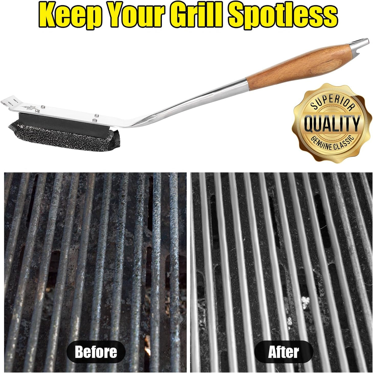 Grill Brush Bristle Free,Unique Steel Fibers Pad [Safe & Efficient] Perfect for Cast Iron/Stainless-Steel Grates - with 1