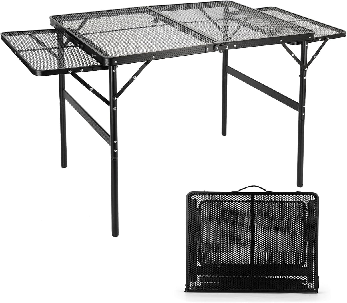 Grill Table Folding Table with 2 Wing Panels 3FT+1.4 FT with Mesh Desktop 2 Height Adjustable Portable Grill for Outdoor