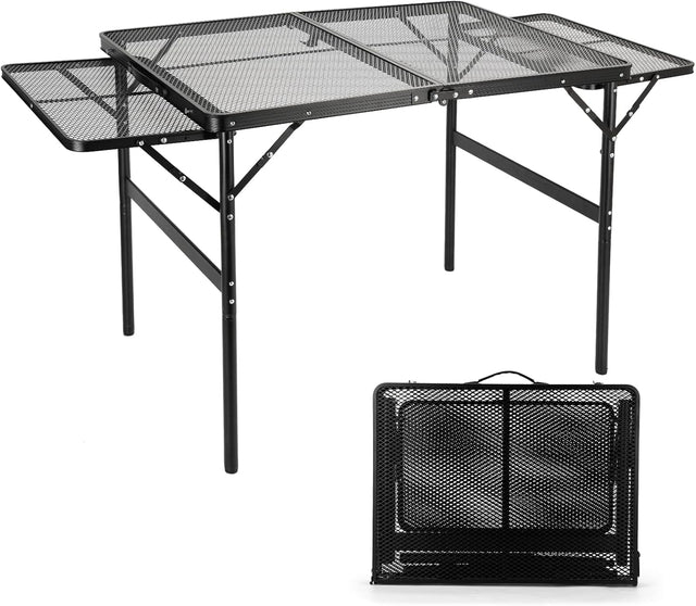 Grill Table Folding Table with 2 Wing Panels 3FT+1.4 FT with Mesh Desktop 2 Height Adjustable Portable Grill for Outdoor