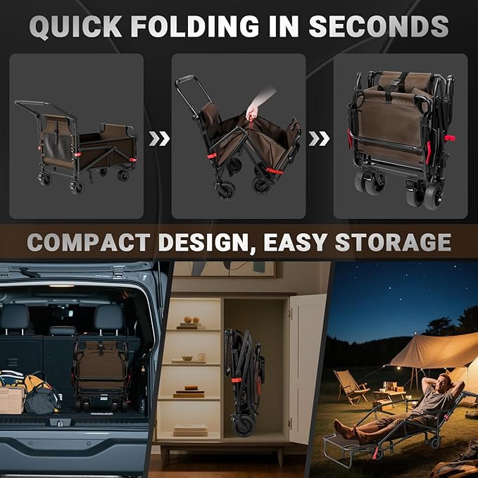 LEVELEVE Heavy Duty Folding Wagon - 2-in-1 Collapsible Cart, 400lb Capacity, All-Terrain Wheels w/Brakes & Side Pockets