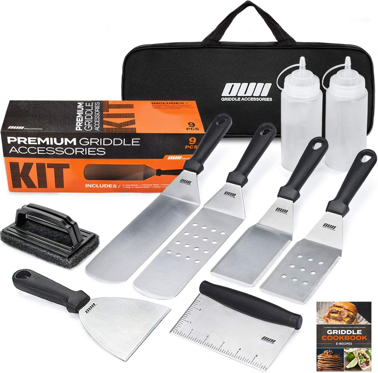 Flat Top Griddle Accessories for Blackstone and Camp Chef Griddle - 9 Pieces Set with Griddle Cleaning Kit and Carry Bag!