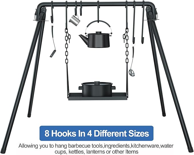 RELIANCER Grill Swing,Campfire Grill Cooking Stand w/8 Hooks & Storage Bag,Cast Iron BBQ Party Swing Grilling Cooking