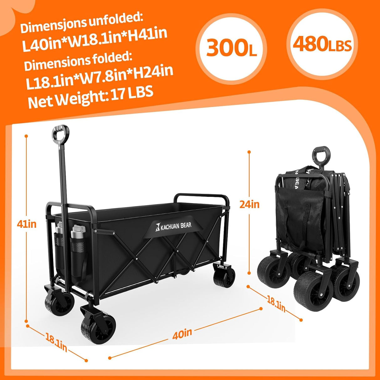 300L Large Collapsible Wagons Carts with Big All-Terrain Beach Wheels, Foldable Shopping Wagon Cart, Heavy Duty 480lbs Load,