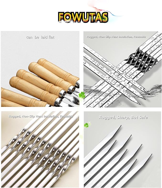 23.6" Large Size Kabob Skewers Flat Metal BBQ Barbecue Skewer Wooden Handle Stainless Steel Shish Kabob Stick Wide Reusable