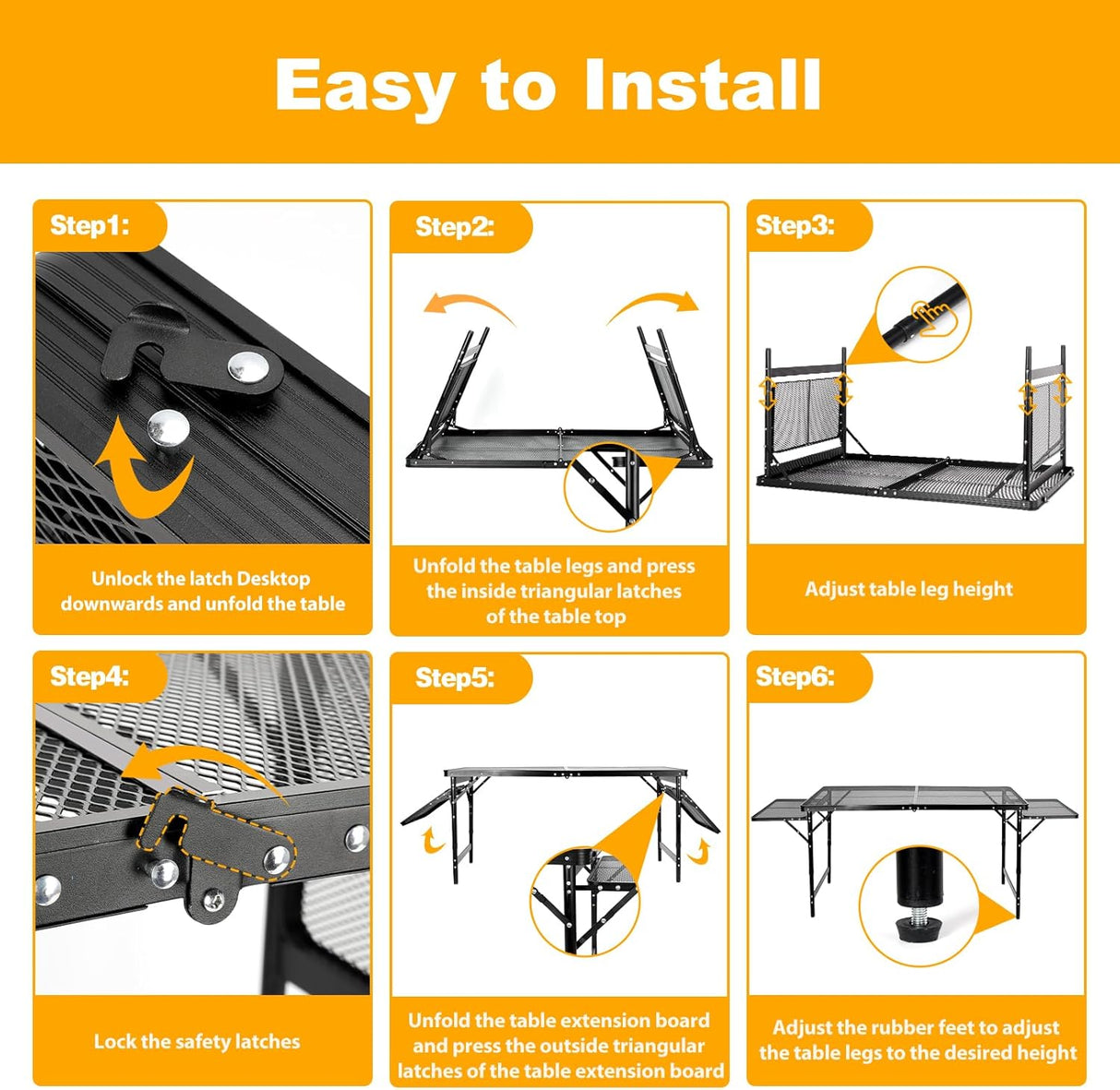 Grill Table Folding Table with 2 Wing Panels 4FT+1.77 FT with with 1×2/5 L Storage Bag Mesh Desktop 3 Height Adjustable