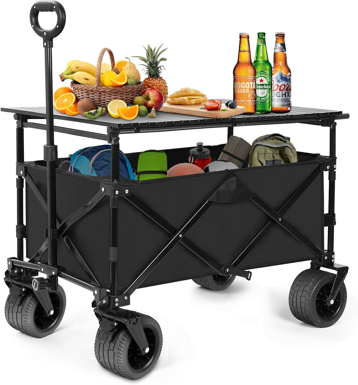 Collapsible Wagon with Table, Large Capacity Foldable Wagons Carts, Beach Wagon with Big Wheels, Heavy Duty Beach Car