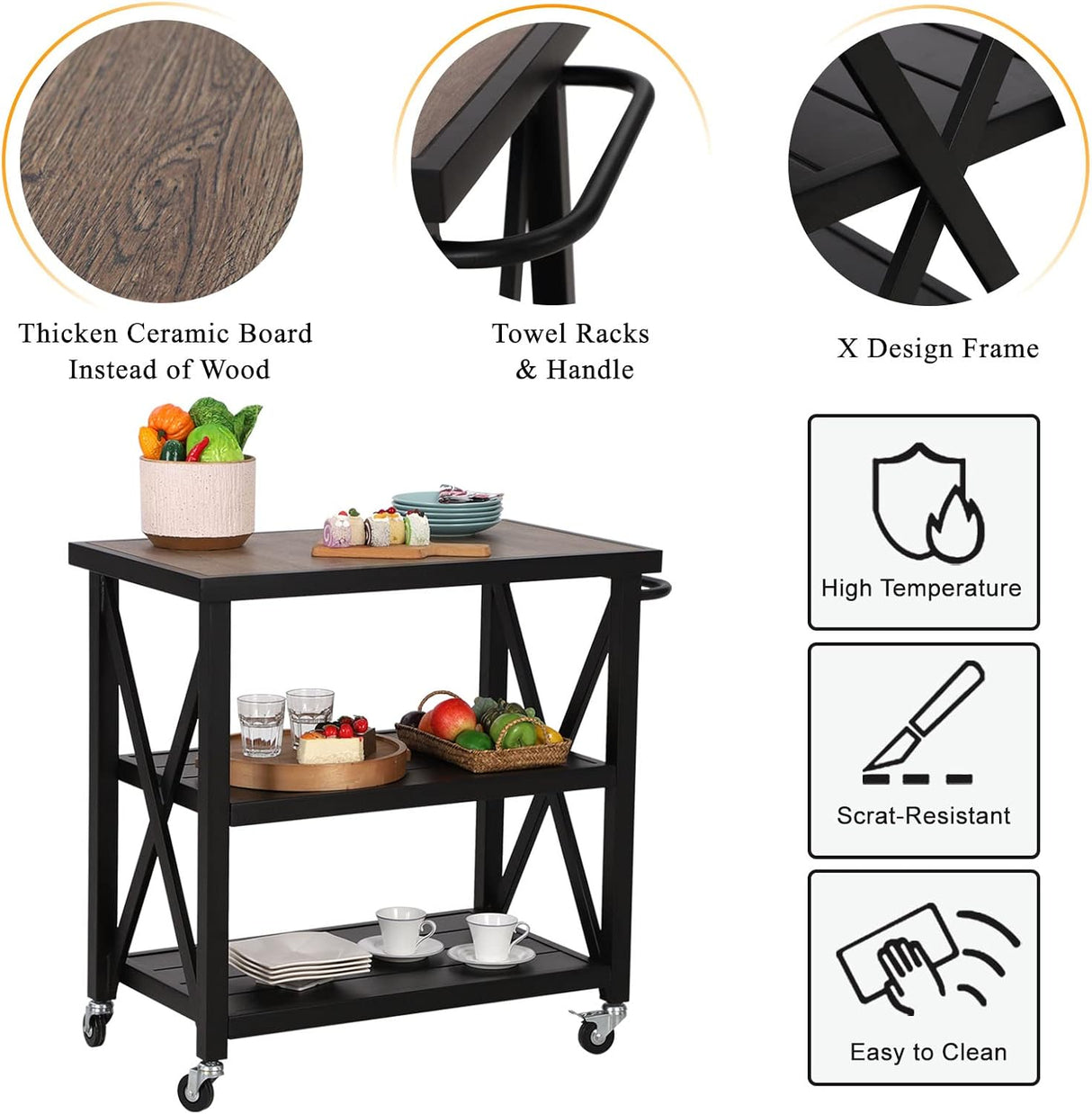 PHI VILLA Outdoor Grill Table, Elegant Grill Cart with Ceramic Wood Grain Table Top, Serving Cart with Shelves, Patio