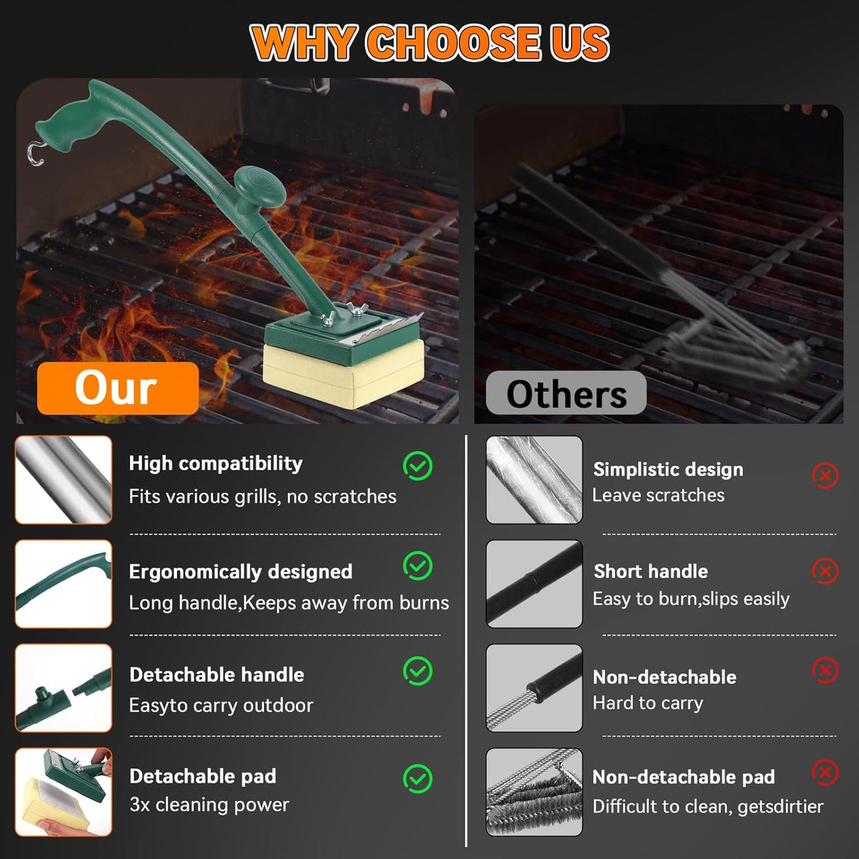 Grill Brush Bristle Free with Scraper,22" Extra Long Steam Grill Brush for Outdoor Grill,Replaceable Cleaning Head,Safe