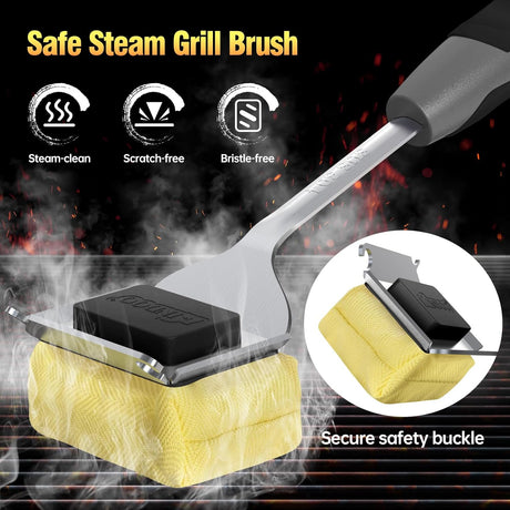 Grill Cleaning Brush Bristle Free for Outdoor Grill Brush Extended Handle for Cast Iron Stainless-Steel Grates, Replaceable
