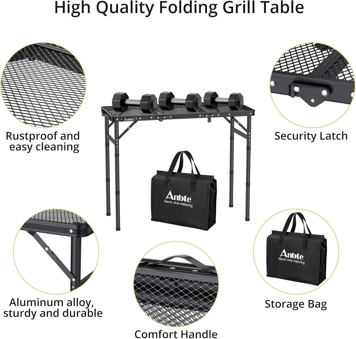 Folding Grill Table, Aluminum Camping Table Adjustable Height Max 27.5" Picnic Table Outdoor Table, Lightweight, Portable