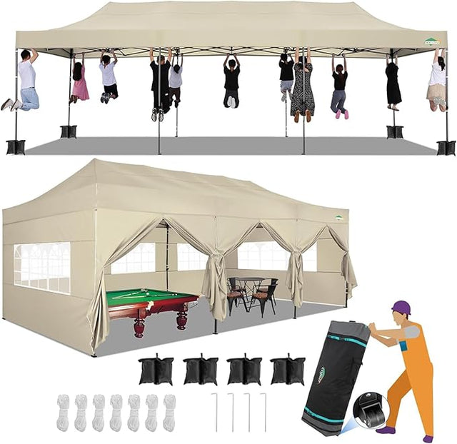 COBIZI 10x30 Heavy Duty Pop up Canopy with 8 sidewalls Stable Wedding Outdoor Tents for Parties Canopy Pop Up Party Tent UPF