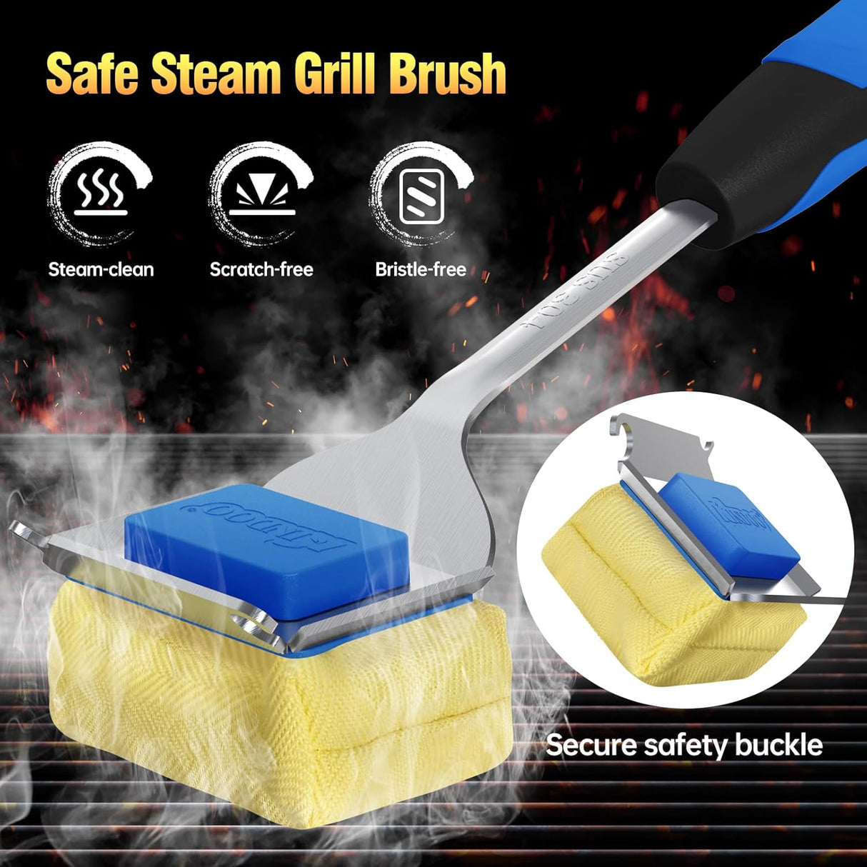 Grill Brush Bristle Free for Outdoor Grill, Steam Grill Cleaning Brush Replaceable BBQ Cleaner Brush Head,Extended Handle,