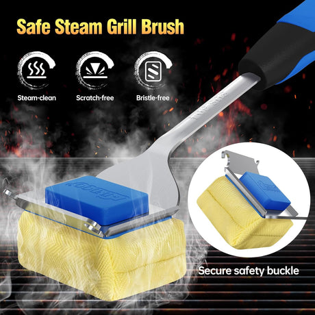 Grill Brush Bristle Free for Outdoor Grill, Steam Grill Cleaning Brush Replaceable BBQ Cleaner Brush Head,Extended Handle,