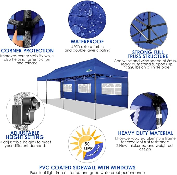 COBIZI 10x30 Pop up Canopy Tent 10x30 Canopy with Sidewalls, Heavy Duty Party Tent Tents for Parties, Foldable UPF 50+