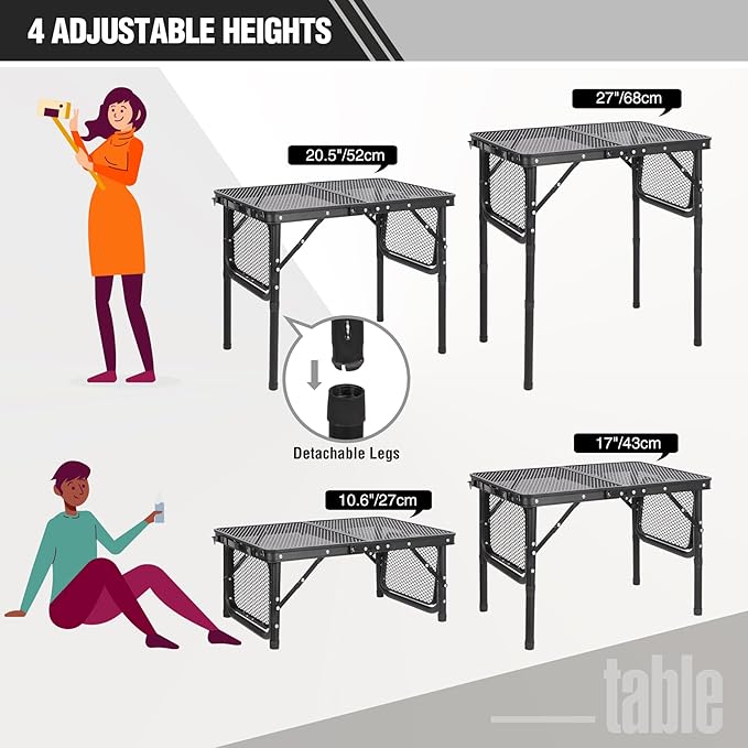 REDCAMP 35x16 Folding Grill Table for Outside with 2 Side Tables, 4 Adjustable Heights Portable Small Stand Table for
