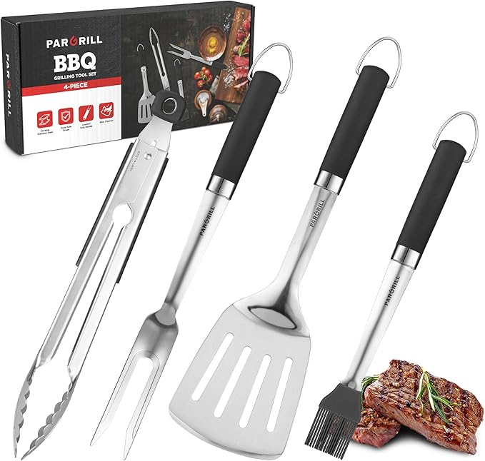 Grill Accessories Heavy Duty BBQ Set Gifts for Men/Women - Premium Stainless Steel Spatula, Fork, Brush & Tongs, Barbecue