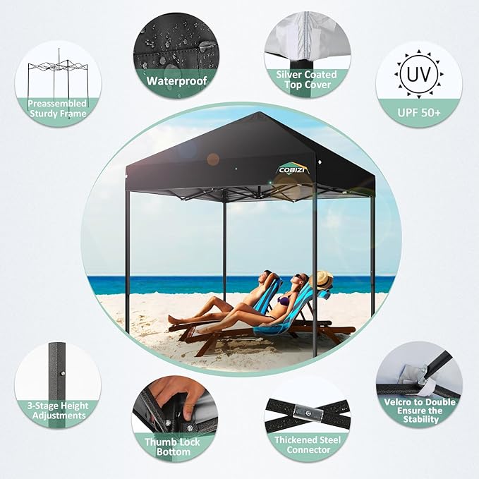 COBIZI 6.6x6.6ft Pop Up Canopy Tent, Heavy Duty Canopy Easy Set up All Weather Waterproof Outdoor Canopy Tent for Parties,
