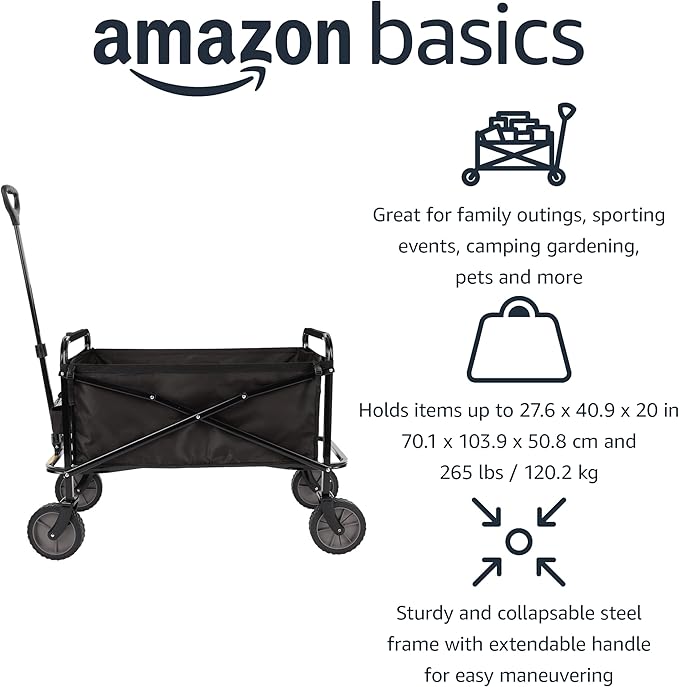 Amazon Basics Collapsible Folding Heavy Duty Utility Wagon for Outdoor Sports, 265 pounds Weight Capacity, Camping, Garden,