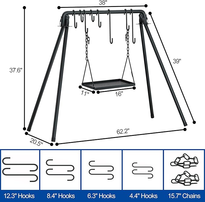 RELIANCER Grill Swing,Campfire Grill Cooking Stand w/8 Hooks & Storage Bag,Cast Iron BBQ Party Swing Grilling Cooking