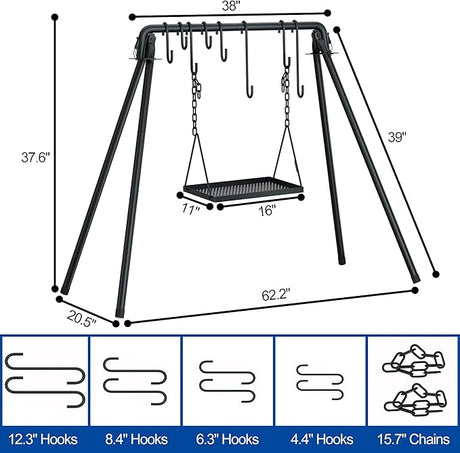 RELIANCER Grill Swing,Campfire Grill Cooking Stand w/8 Hooks & Storage Bag,Cast Iron BBQ Party Swing Grilling Cooking