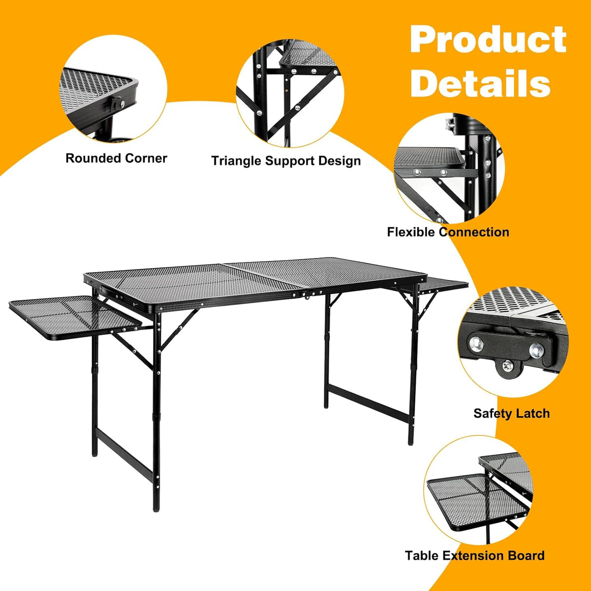 Grill Table Folding Table with 2 Wing Panels 4FT+1.77 FT with with 1×2/5 L Storage Bag Mesh Desktop 3 Height Adjustable