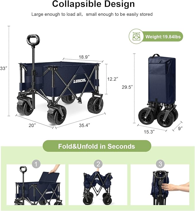 LUXCOL Collapsible Folding Wagon, Heavy Duty Utility Beach Wagon Cart for Sand with Big Wheels, Adjustable Handle&Drink