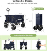LUXCOL Collapsible Folding Wagon, Heavy Duty Utility Beach Wagon Cart for Sand with Big Wheels, Adjustable Handle&Drink