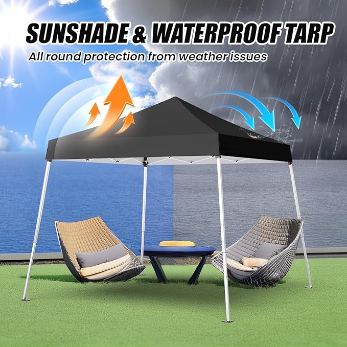 10x10 Pop Up Canopy, 300D Silver Coated Black Fabric Outdoor Gazebo, Beach Tent Slant Legs with Storage Bag,Easy Up Sun