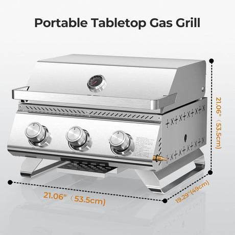 R.W.FLAME Premium 3 Burner Tabletop Propane Gas Grill Stainless Steel Portable Outdoor BBQ Grill with Griddle,24,000 BTU
