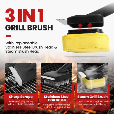 3 in 1 Grill Brush Bristle Free with Scraper, Coinicxcel Steam Brush & Stainless Steel Helix Brush Replaceable Head for