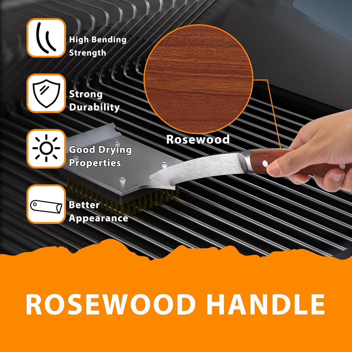 ENLOY Grill Brush and Scraper for Barbecue, 17" Grill Brush for Outdoor Grill, Extended Rosewood Handle and 2 Replaceable