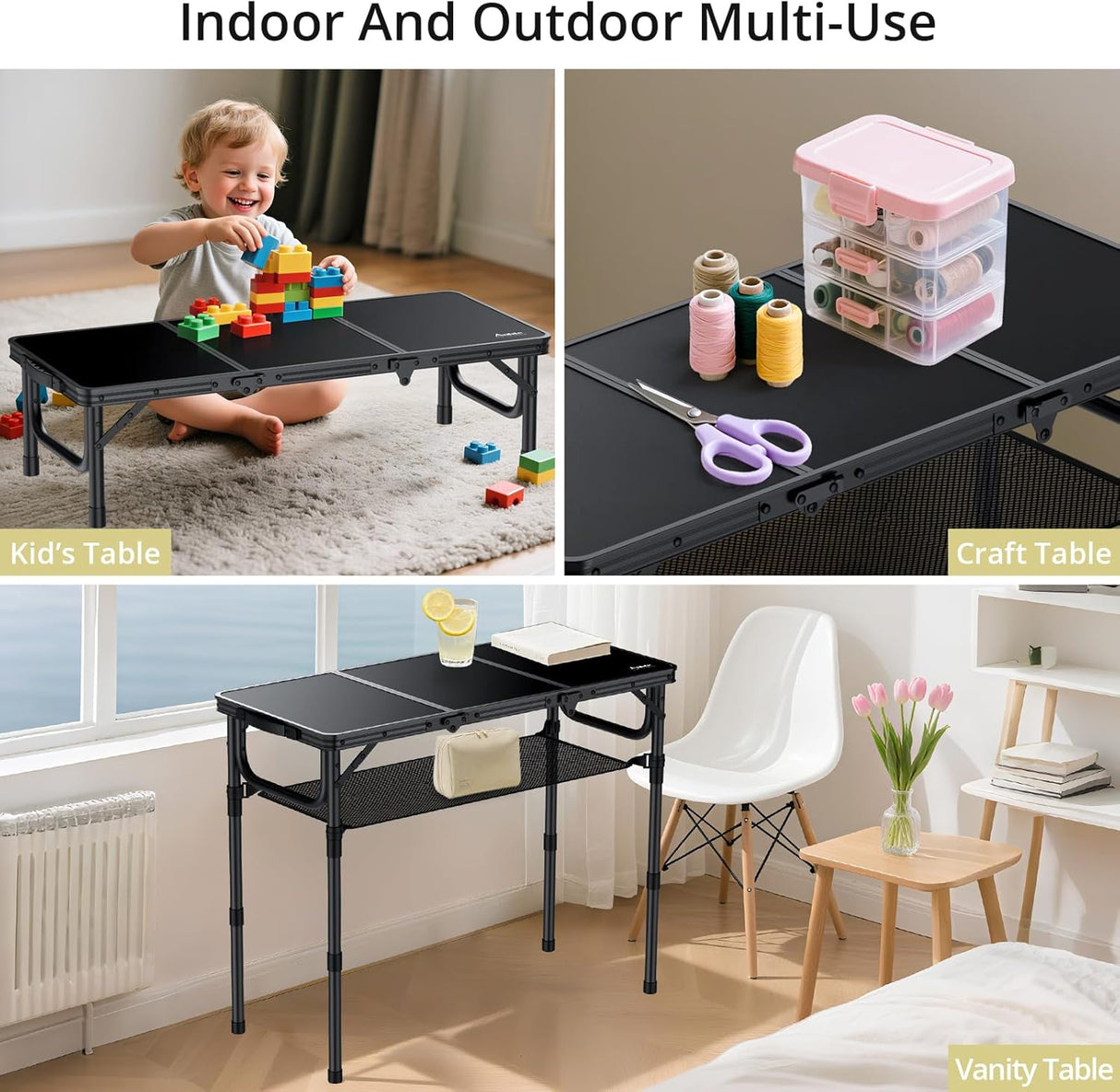 Folding Camping Table with Storage Net, 3ft Camping Table Aluminum Folding Table with 3 Adjustable Height Max 27.5 Inch