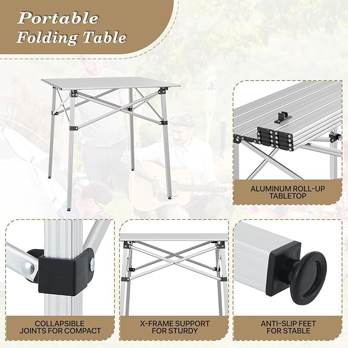 Athena Collection Foldable Camping Table, 28" Small Aluminum Outdoor Folding Camp Table with Roll Up Tabletop and Carry Bag,