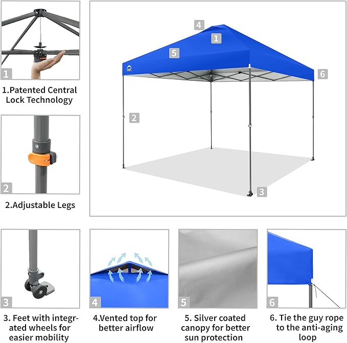 CROWN SHADES Adjustable Height on The Fly, 10x10 Pop Up Canopy - Beach Tent with One Push Setup - Easy Outdoor Sun Shade for